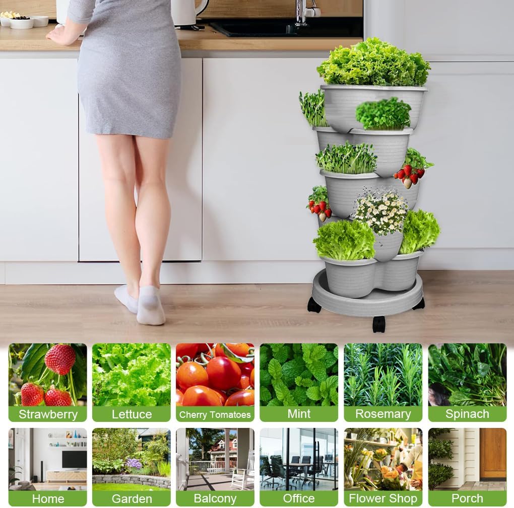 SpringUp 5 Tier Vertical Garden Strawberry Stackable Planters Herbs Petunias Pancy, Vegetable Planter Indoor Outdoor Gardening Pots with Removable Wheels and Tools (White)
