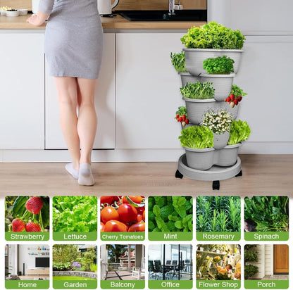 SpringUp 5 Tier Vertical Garden Strawberry Stackable Planters Herbs Petunias Pancy, Vegetable Planter Indoor Outdoor Gardening Pots with Removable Wheels and Tools (White)
