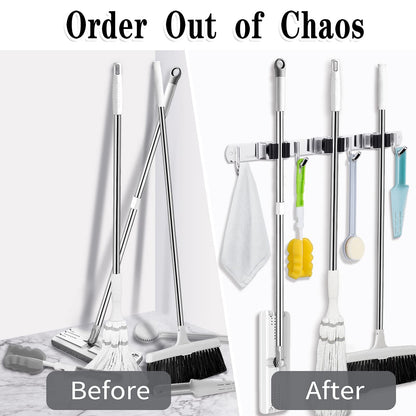 5 Racks and 4 Hooks Mop and Broom Holder Wall Mount, Broom Organizer Storage Tool Racks Stainless Steel Heavy Duty Hooks Self Adhesive Solid Non-slip for Home Kitchen Garden Laundry Garage