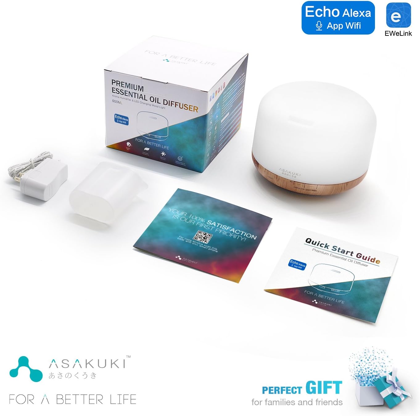 ASAKUKI 500ml Essential Oil Diffuser, 5 in 1 Ultrasonic Aromatherapy Fragrant Oil Diffusers, Vaporizer Humidifier with Remote Control, Timer, Auto-Off Safety Switch, 7 LED Light Colors