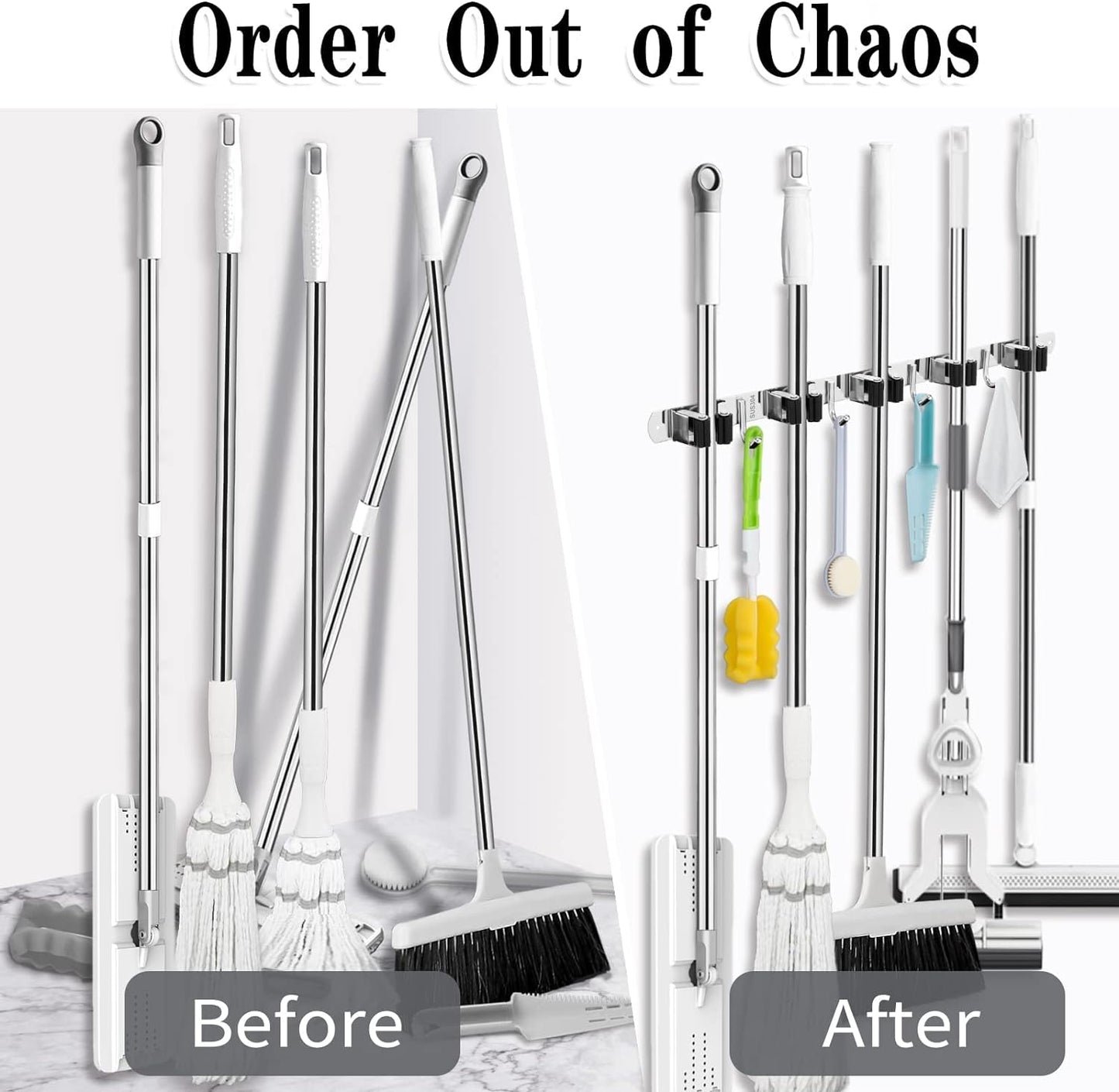 5 Racks and 4 Hooks Mop and Broom Holder Wall Mount, Broom Organizer Storage Tool Racks Stainless Steel Heavy Duty Hooks Self Adhesive Solid Non-slip for Home Kitchen Garden Laundry Garage