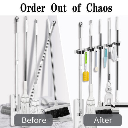 5 Racks and 4 Hooks Mop and Broom Holder Wall Mount, Broom Organizer Storage Tool Racks Stainless Steel Heavy Duty Hooks Self Adhesive Solid Non-slip for Home Kitchen Garden Laundry Garage