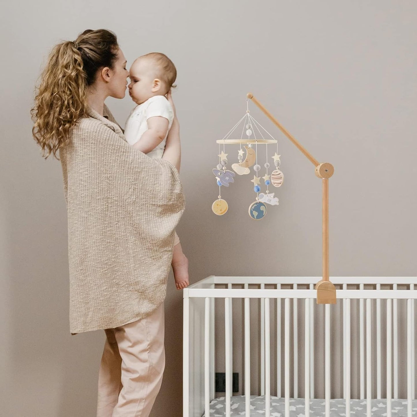 Beechwood Crib Mobile Holder - 360° Rotate, Adjustable Arm - Natural Wood, Minimalist - For Cribs No Side Rails - Baby Nursery Decor