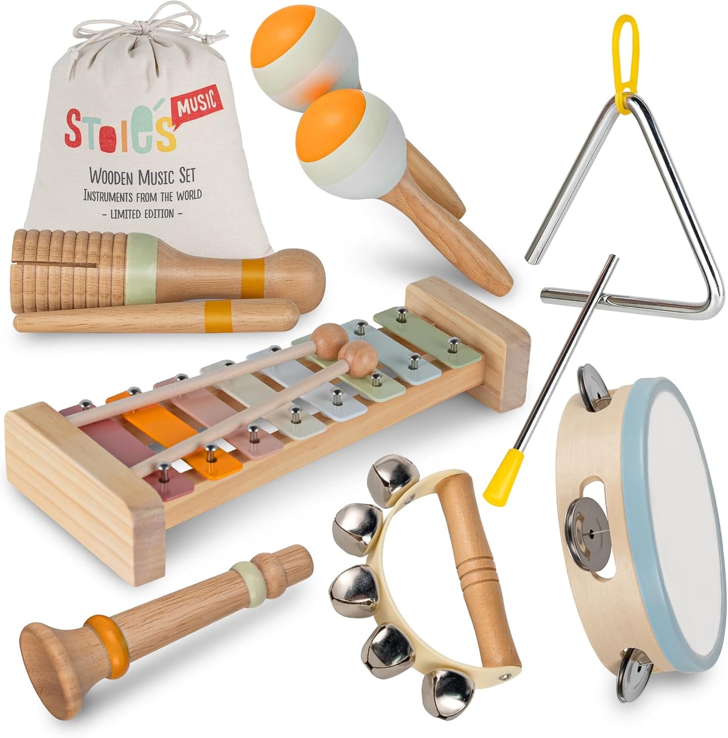 Stoie's Wooden Musical Instruments for Toddlers 1-3, Montessori Music Toys for 1 Year Old, with Xylophone, Tambourine and Maracas, Educational Development and Creativity, Baby Musical Instruments