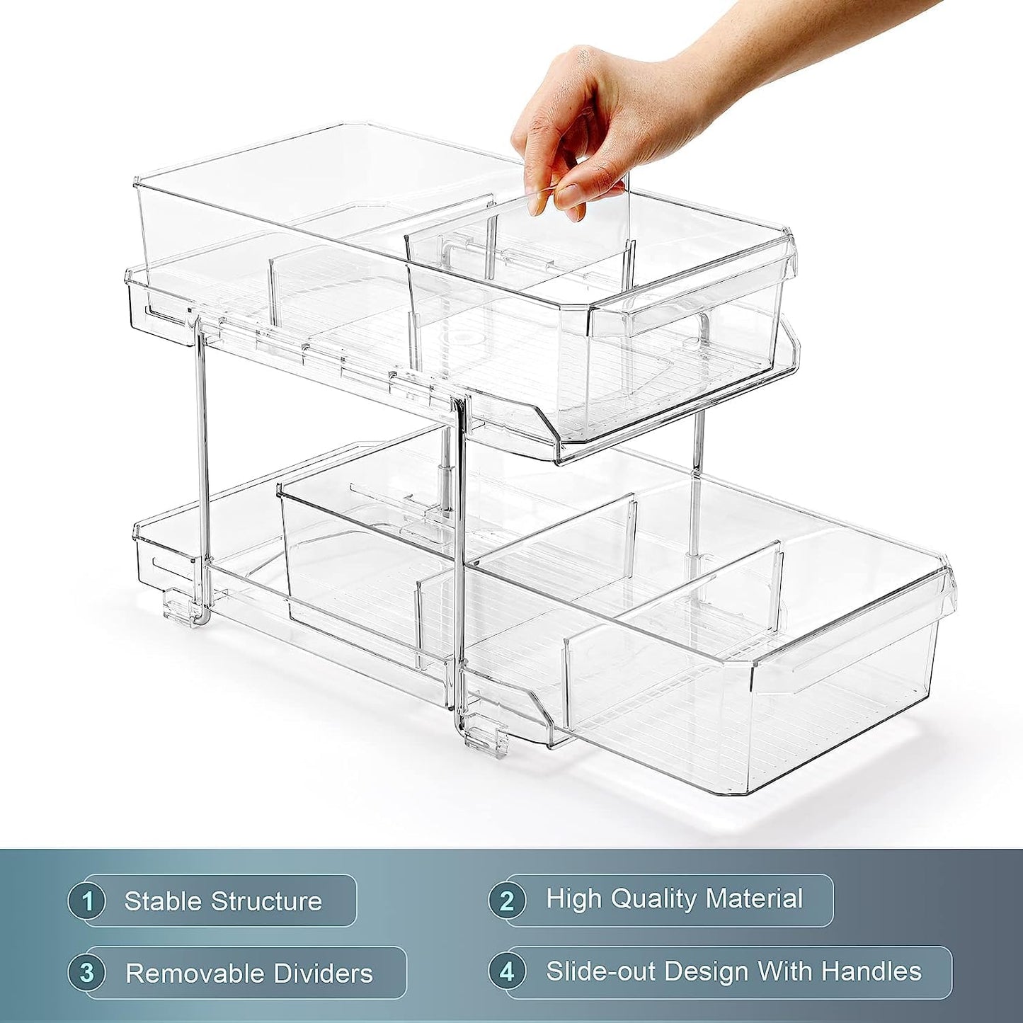 Feshory 2 Tier Clear Pull Out Cabinet Organizer for Pantry [2 Pack], Kitchen Storage & Organisation - Under Sink Storage Drawer for Countertop, Medicine, Bathroom (Acrylic)