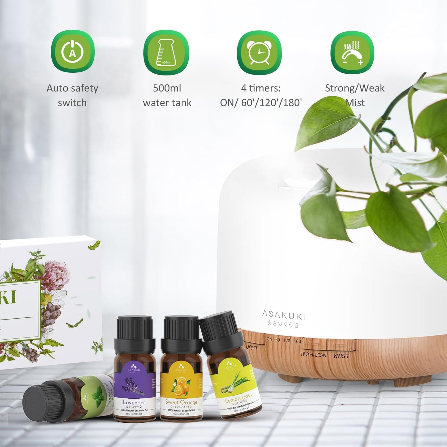 ASAKUKI 500ml Essential Oil Diffuser, 5 in 1 Ultrasonic Aromatherapy Fragrant Oil Diffusers, Vaporizer Humidifier with Remote Control, Timer, Auto-Off Safety Switch, 7 LED Light Colors