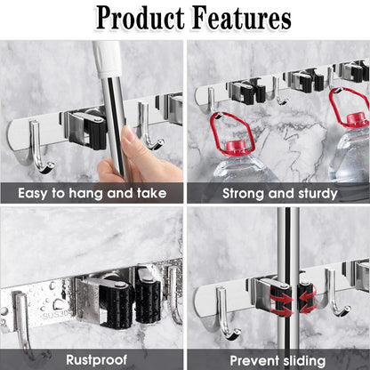 5 Racks and 4 Hooks Mop and Broom Holder Wall Mount, Broom Organizer Storage Tool Racks Stainless Steel Heavy Duty Hooks Self Adhesive Solid Non-slip for Home Kitchen Garden Laundry Garage