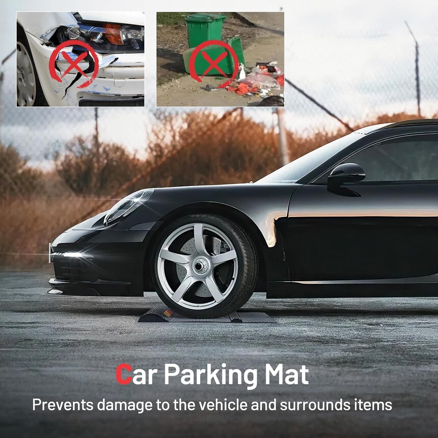 Costway Garage Car Parking Mat, 2 Pack Heavy Duty Wheel Stopper w/ 2 Mounting Method, Non-slip Surface, Self-Adhesive Tape, Reflective Strip, Garage Anti-skid Parking Mat for Most Vehicle, Black