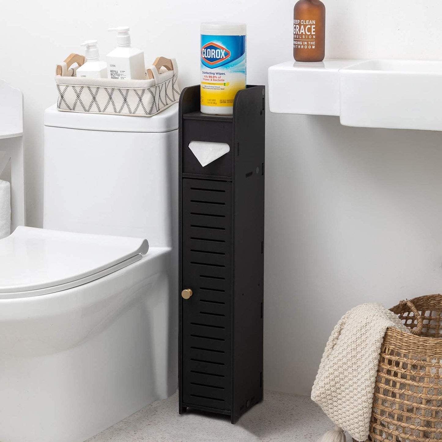 Freestanding Toilet Paper Storage with Phone Holder | Small Bathroom Organiser