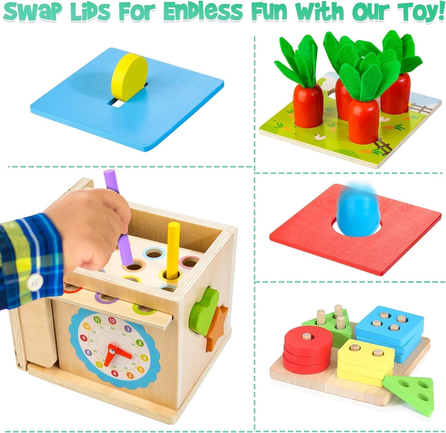 Kizfarm Wooden Montessori Baby Toys, 8-in-1 Wooden Play Kit Includes Object Permanent Box, Coin Box, Carrot Harvest, Shape Sorting & Stacking - Montessori Toys for Boys Girls Toddlers
