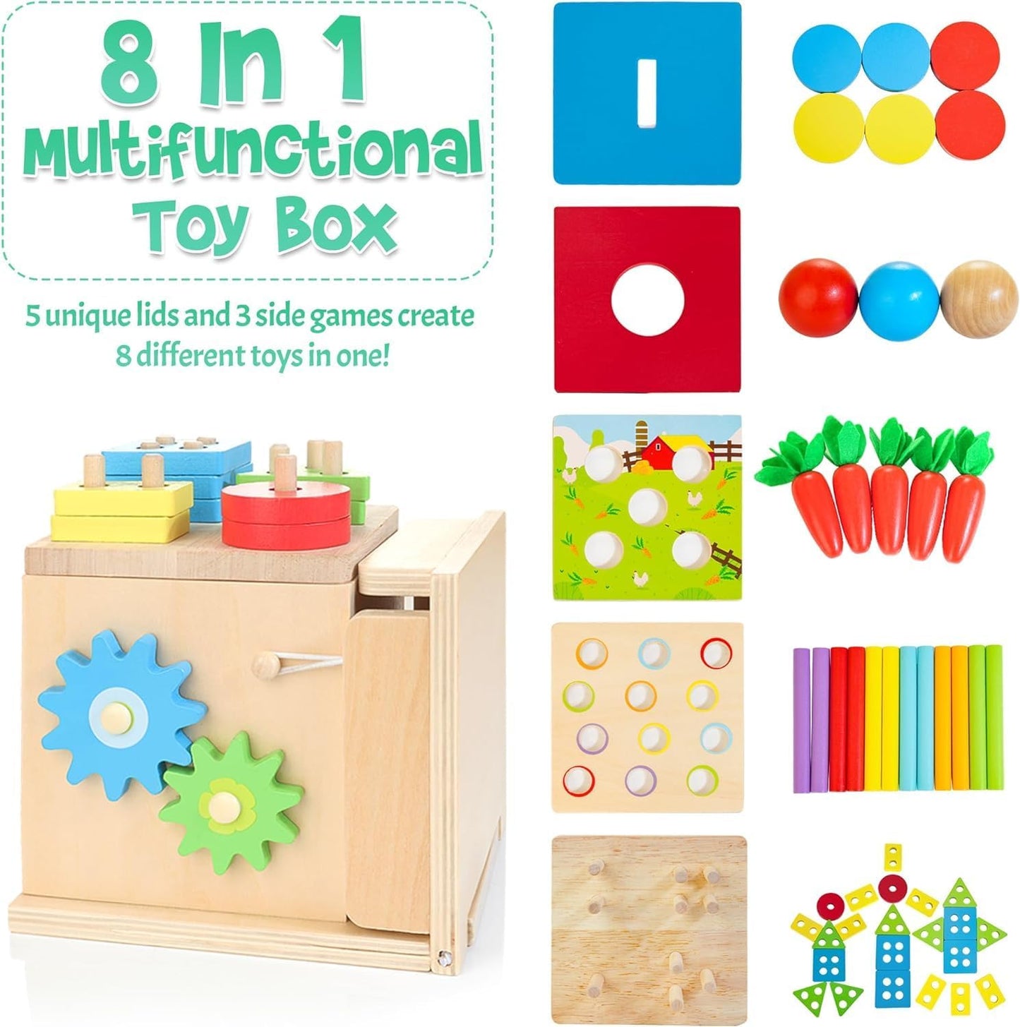 Kizfarm Wooden Montessori Baby Toys, 8-in-1 Wooden Play Kit Includes Object Permanent Box, Coin Box, Carrot Harvest, Shape Sorting & Stacking - Montessori Toys for Boys Girls Toddlers
