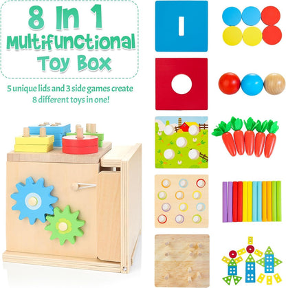 Kizfarm Wooden Montessori Baby Toys, 8-in-1 Wooden Play Kit Includes Object Permanent Box, Coin Box, Carrot Harvest, Shape Sorting & Stacking - Montessori Toys for Boys Girls Toddlers