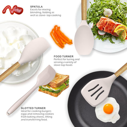 14-Piece Silicone Kitchen Utensil Set with Wooden Handles