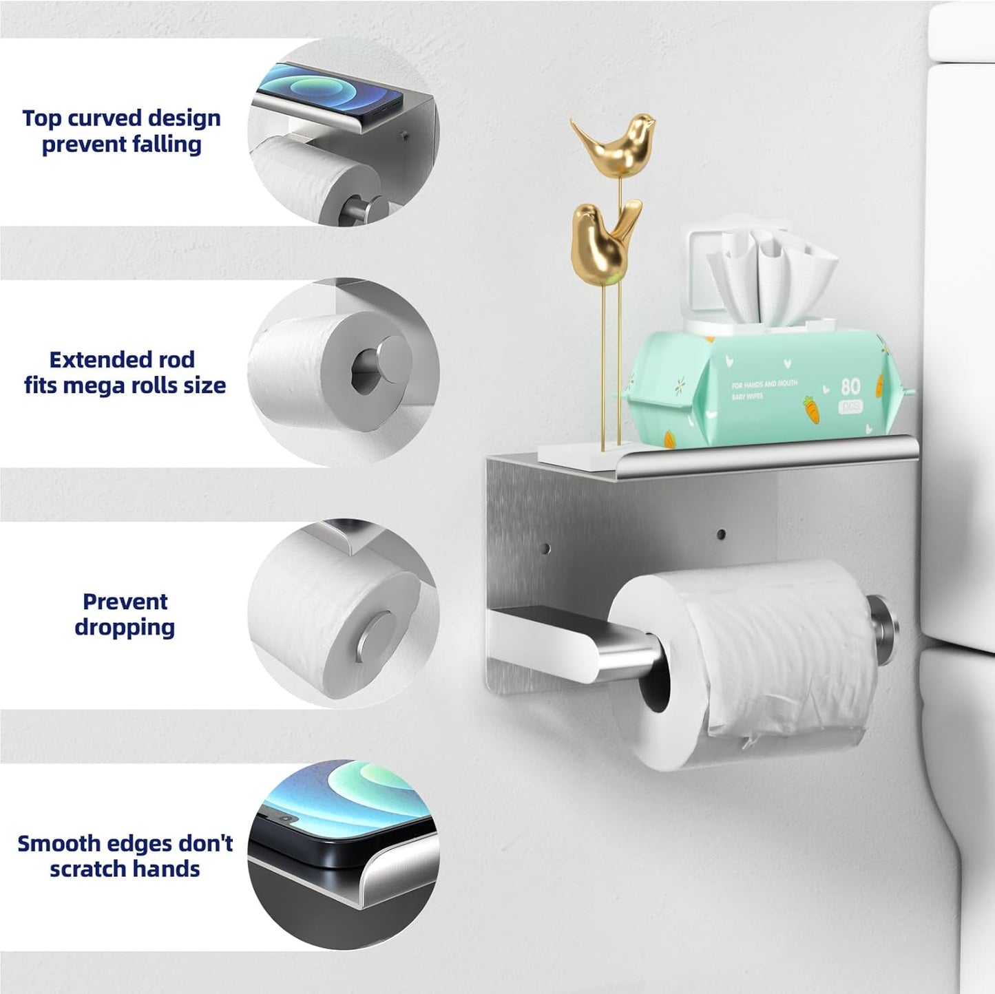 Black Toilet Paper Holder with Phone Shelf - Rustproof Bathroom Decor