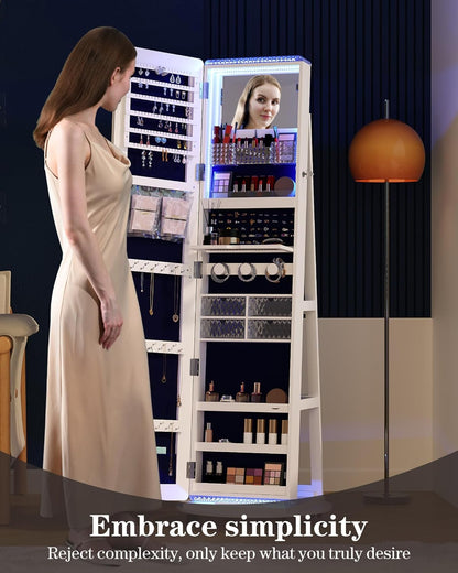 Freestanding Full-Length Mirror Jewelry Cabinet – 3-in-1 Organizer with LED Lights, Shelves & Lockable Design