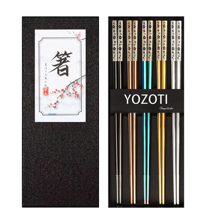 YOZOTI Stainless Steel Chopsticks, Silver Reusable Chopsticks, 5 Pairs Dishwasher Safe Metal Chopsticks, Easy to Use, Square Lightweight Chop Sticks, Gift Set (Silver)