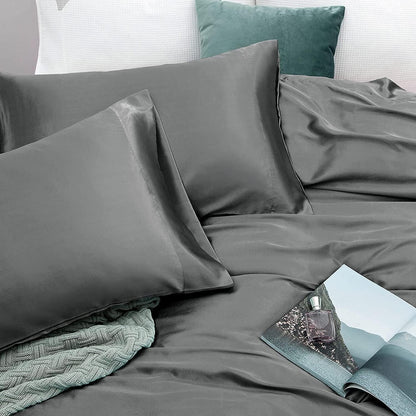 ForZzz 2000TC Art Silk Satin Queen Sheet Set Hotel 4 Pieces Fitted/Flat Sheet Bedding Set(Black,Queen)