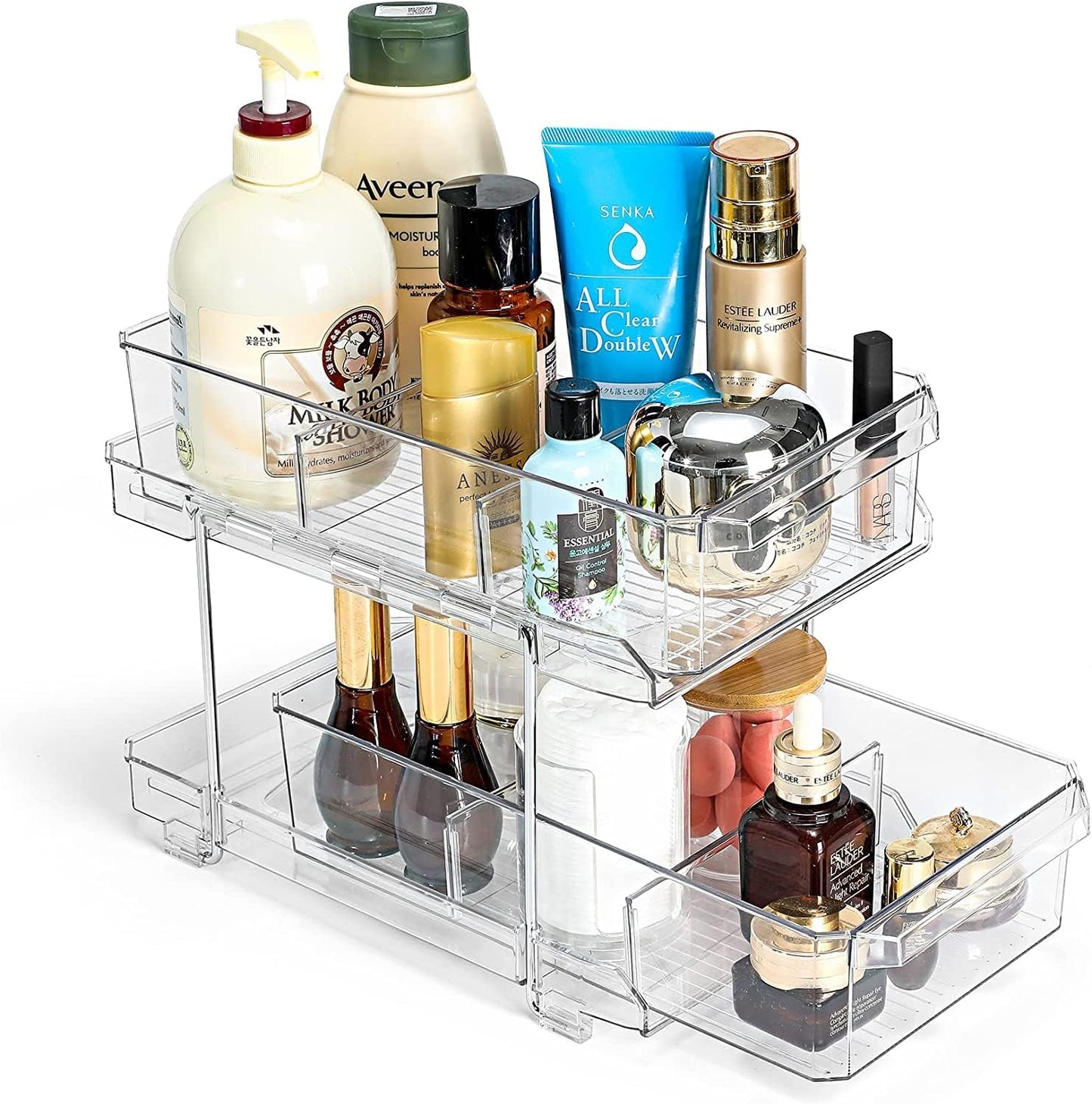 Feshory 2 Tier Clear Pull Out Cabinet Organizer for Pantry [2 Pack], Kitchen Storage & Organisation - Under Sink Storage Drawer for Countertop, Medicine, Bathroom (Acrylic)