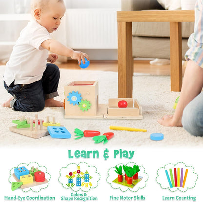 Kizfarm Wooden Montessori Baby Toys, 8-in-1 Wooden Play Kit Includes Object Permanent Box, Coin Box, Carrot Harvest, Shape Sorting & Stacking - Montessori Toys for Boys Girls Toddlers