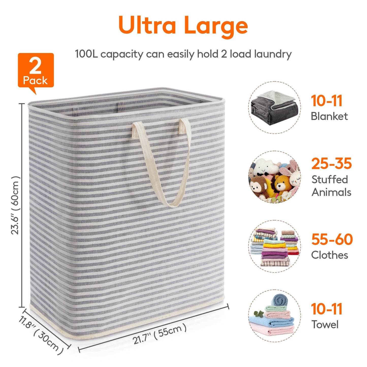 80L Waterproof Laundry Hamper 2 Pack - Collapsible & Portable - Lifewit