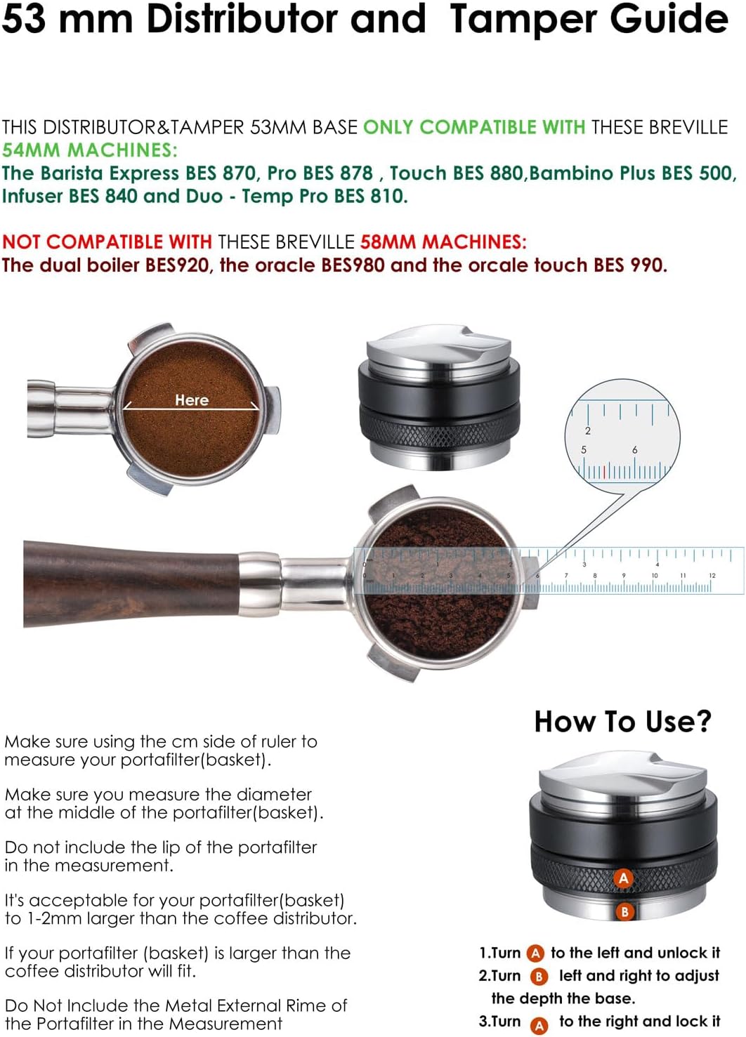 53mm Coffee Distributor & Tamper, MATOW Dual Head Coffee Leveler Compatible with Breville 54mm Portafilter, Adjustable Depth- Professional Espresso Hand Tampers
