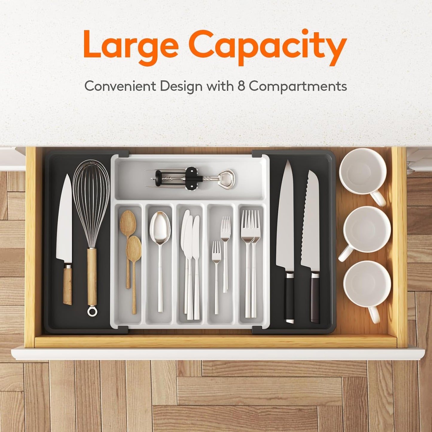 Lifewit Cutlery Drawer Organiser, Expandable Utensil Tray for Kitchen, Adjustable Silverware and Flatware Holder, Compact Plastic Storage for Spoons Forks Knives, Large, Black