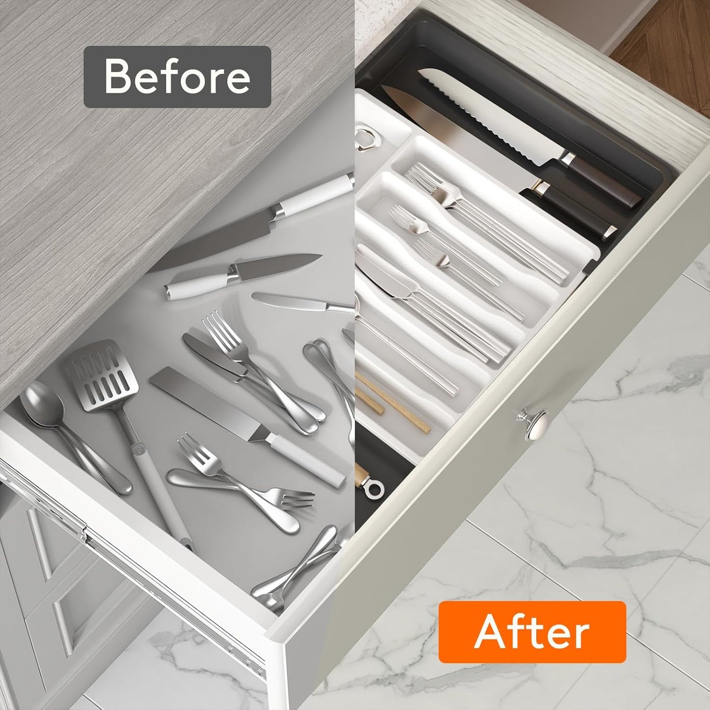 Lifewit Cutlery Drawer Organiser, Expandable Utensil Tray for Kitchen, Adjustable Silverware and Flatware Holder, Compact Plastic Storage for Spoons Forks Knives, Large, Black