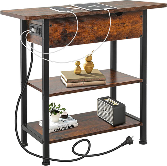 Side Table with Charging Station（Upgraded）, End Table with USB Ports and Outlets, Nightstand for Small Spaces, Bedside Tables with Storage Shelf for Living Room, Bedroom, Brown