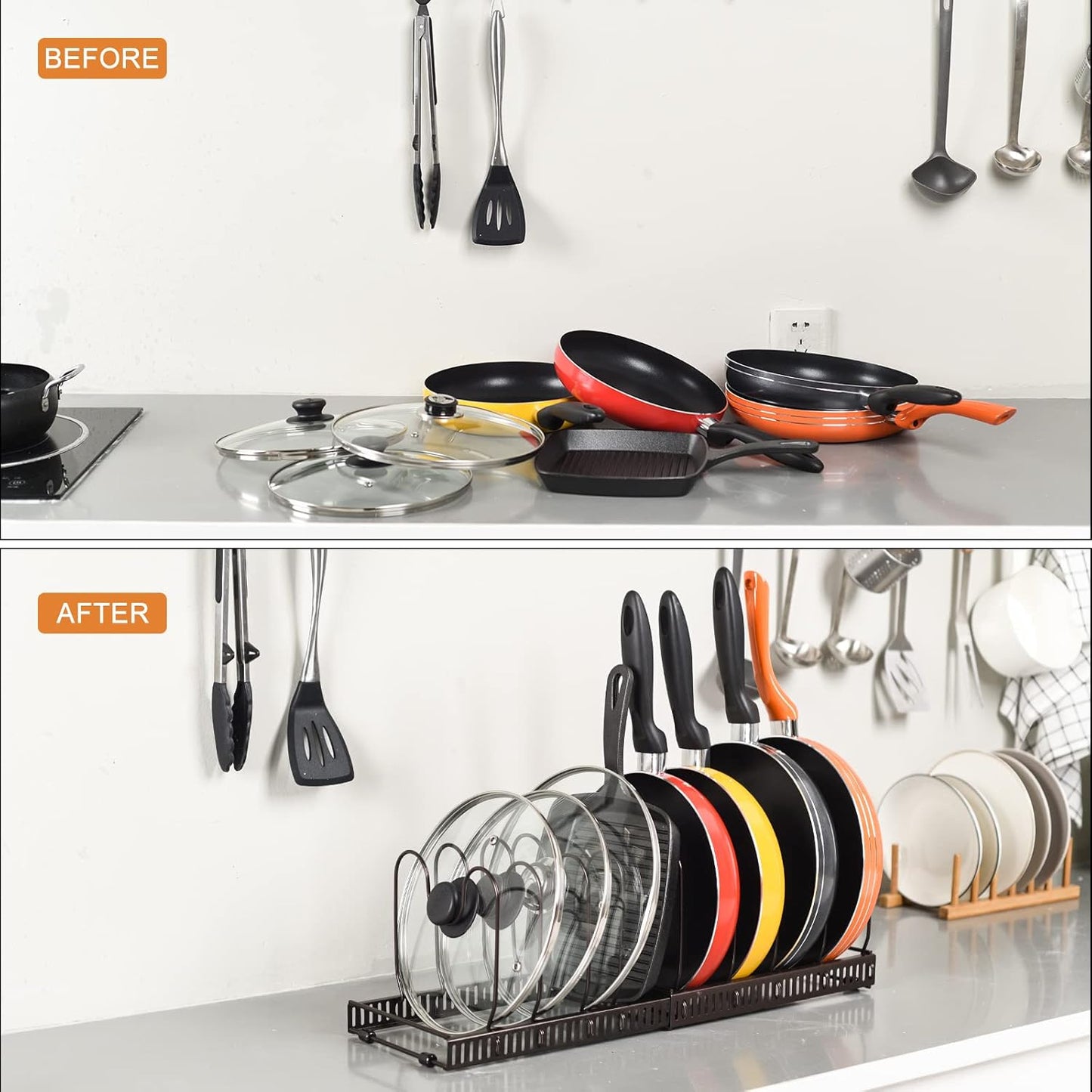 Toplife Expandable Pans Organizer Rack, 10 Adjustable Compartments, Cookware Holder for Pantry or Cabinet, Black