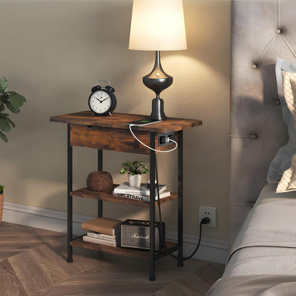 Side Table with Charging Station（Upgraded）, End Table with USB Ports and Outlets, Nightstand for Small Spaces, Bedside Tables with Storage Shelf for Living Room, Bedroom, Brown