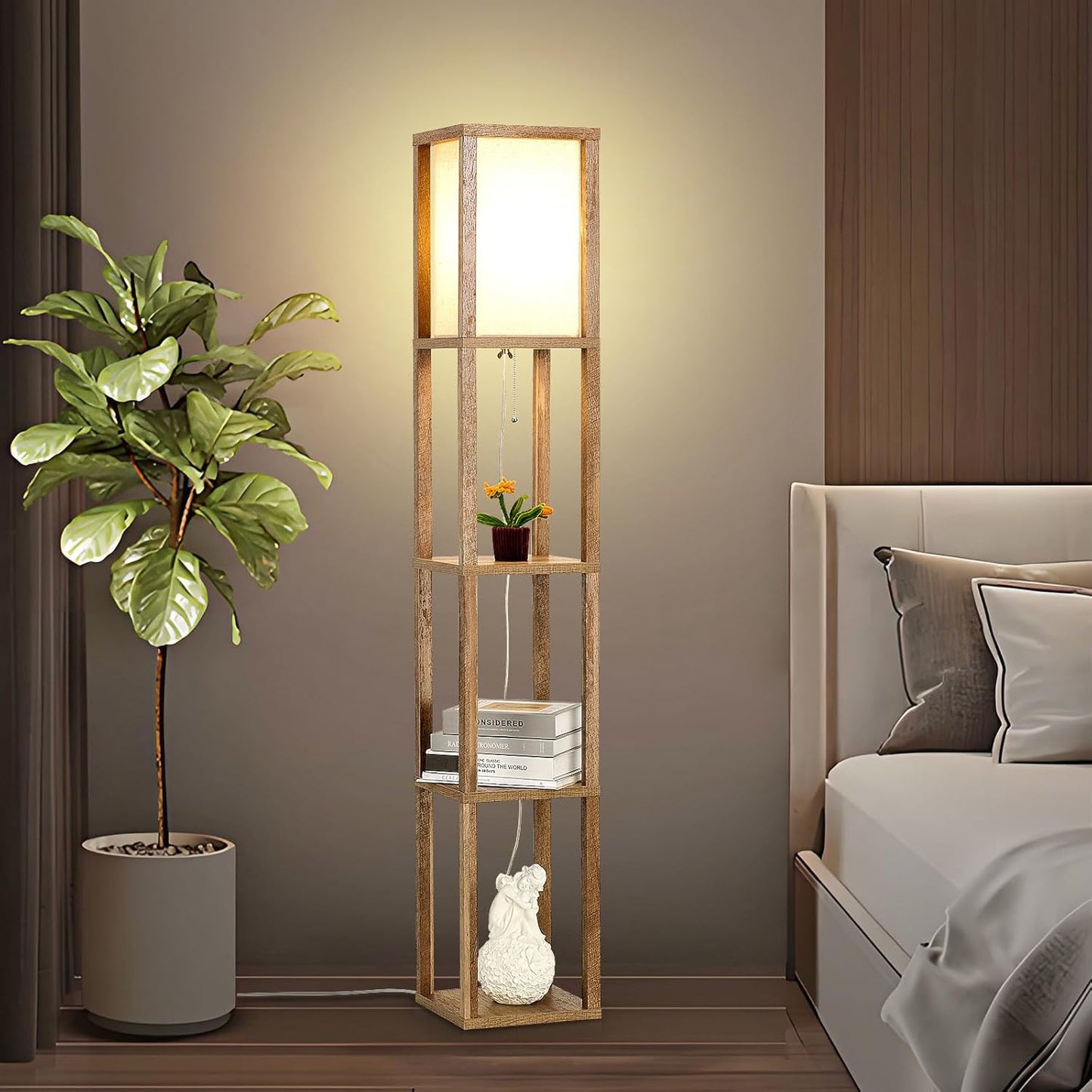 Retro Standing Lamp | Wood Finish & Linen Shade