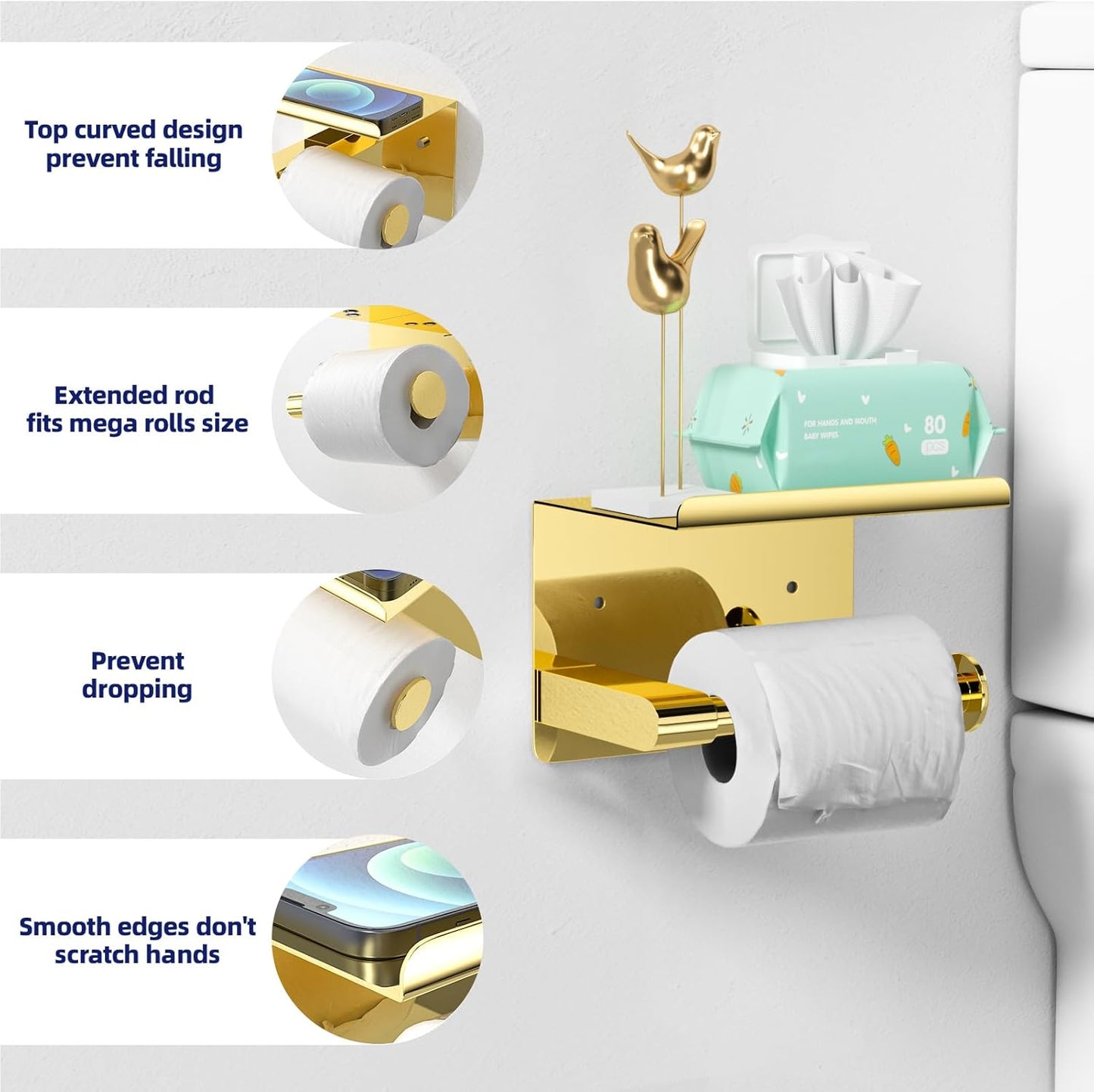Black Toilet Paper Holder with Phone Shelf - Rustproof Bathroom Decor