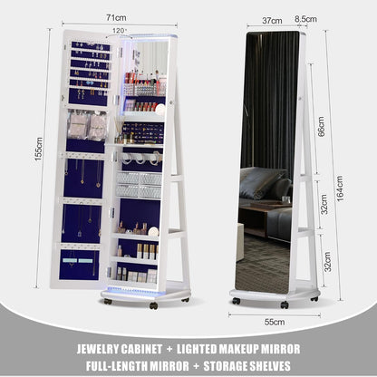 Freestanding Full-Length Mirror Jewelry Cabinet – 3-in-1 Organizer with LED Lights, Shelves & Lockable Design