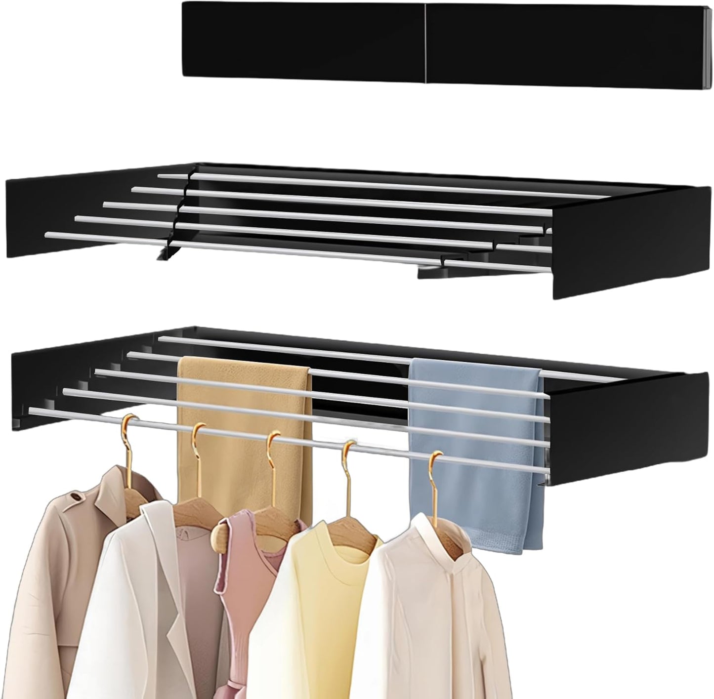 Laundry Drying Rack Collapsible, Wall Mounted, Clothes Drying Rack, 31.5" Wide, 13.1 Linear Ft, 5 Aluminum Rods, 45 lb Capacity, with Wall Template, Screwdriver Bit(White)