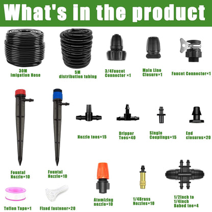 Tivddikun Drip Irrigation Kit, 360° Bendable Watering System with 49FT/15M Drip Irrigation Hose, 20 T-joints, 15 Adjustable Brass Misting Nozzles, 10 Fixed Stems, Anti-blocked Universal Faucet Adapter