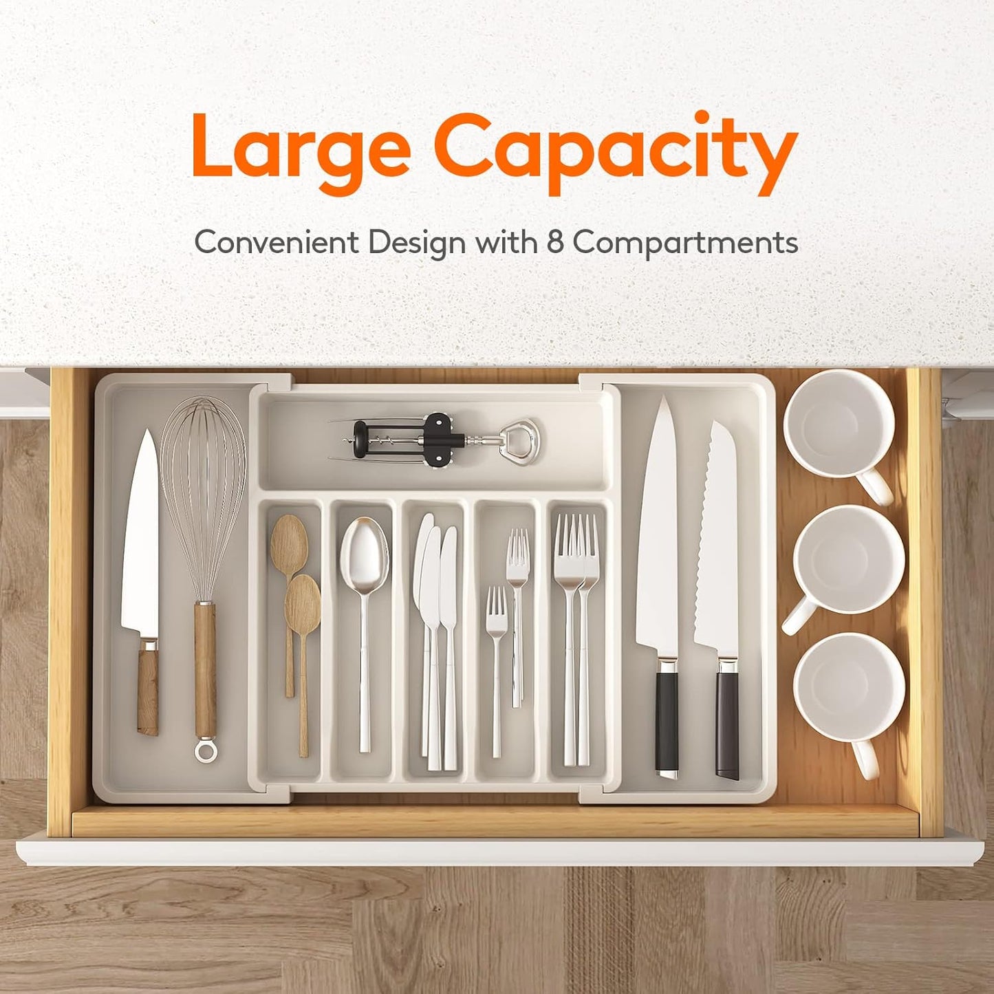 Lifewit Cutlery Drawer Organiser, Expandable Utensil Tray for Kitchen, Adjustable Silverware and Flatware Holder, Compact Plastic Storage for Spoons Forks Knives, Large, Black