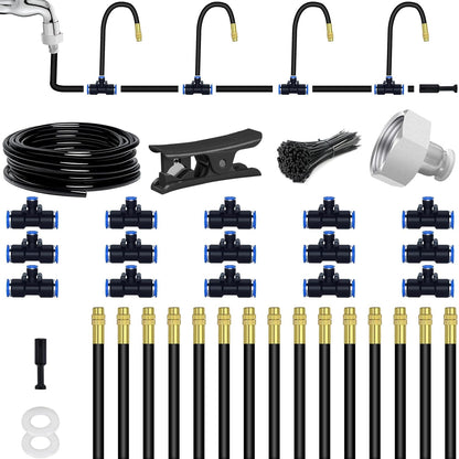 Tivddikun Drip Irrigation Kit, 360° Bendable Watering System with 49FT/15M Drip Irrigation Hose, 20 T-joints, 15 Adjustable Brass Misting Nozzles, 10 Fixed Stems, Anti-blocked Universal Faucet Adapter