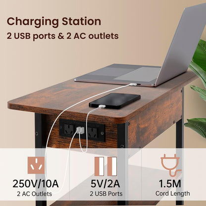 Side Table with Charging Station（Upgraded）, End Table with USB Ports and Outlets, Nightstand for Small Spaces, Bedside Tables with Storage Shelf for Living Room, Bedroom, Brown