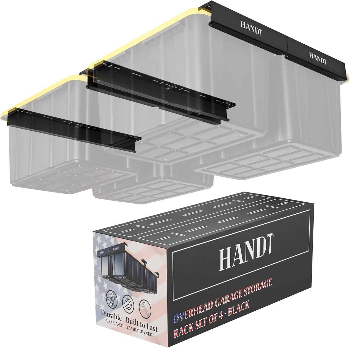 HANDT Overhead Garage Storage Rack, Garage Ceiling Storage Racks, Garage Storage Bin Organization System, Heavy Duty Metal Overhead Bin Rack For Container, Supports Most Storage Bins, 4 Sets Black