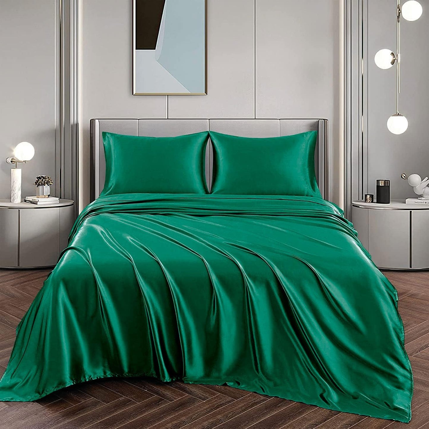 ForZzz 2000TC Art Silk Satin Queen Sheet Set Hotel 4 Pieces Fitted/Flat Sheet Bedding Set(Black,Queen)