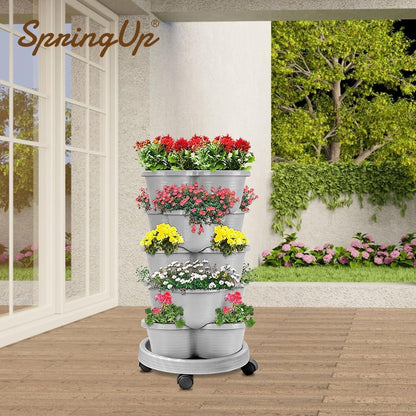 SpringUp 5 Tier Vertical Garden Strawberry Stackable Planters Herbs Petunias Pancy, Vegetable Planter Indoor Outdoor Gardening Pots with Removable Wheels and Tools (White)