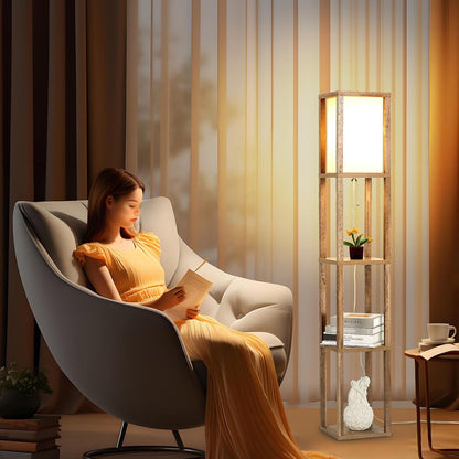 Retro Standing Lamp | Wood Finish & Linen Shade