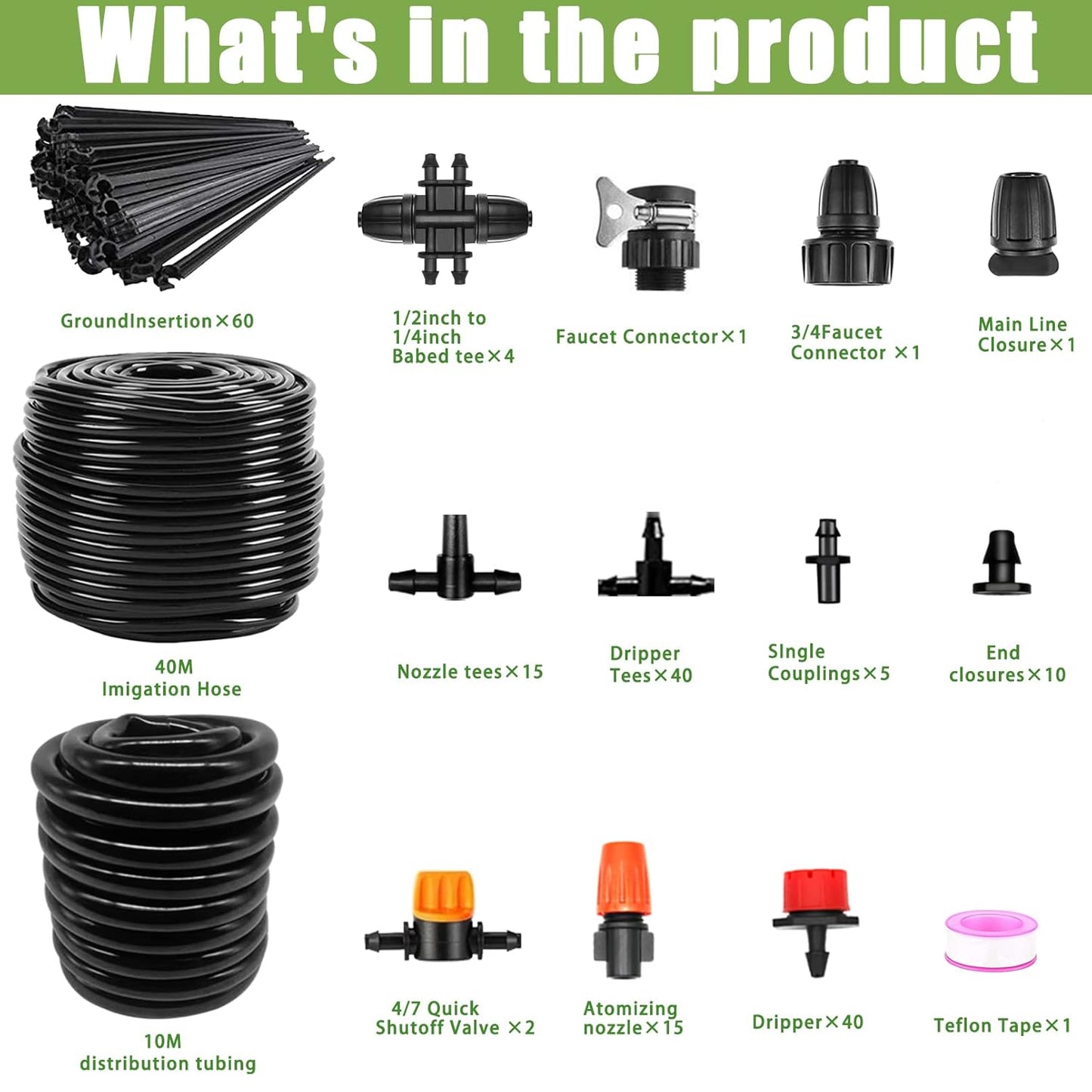 Tivddikun Drip Irrigation Kit, 360° Bendable Watering System with 49FT/15M Drip Irrigation Hose, 20 T-joints, 15 Adjustable Brass Misting Nozzles, 10 Fixed Stems, Anti-blocked Universal Faucet Adapter