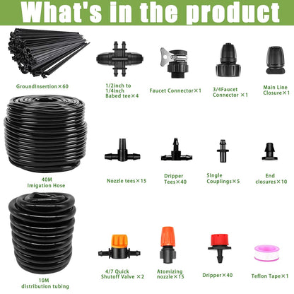Tivddikun Drip Irrigation Kit, 360° Bendable Watering System with 49FT/15M Drip Irrigation Hose, 20 T-joints, 15 Adjustable Brass Misting Nozzles, 10 Fixed Stems, Anti-blocked Universal Faucet Adapter