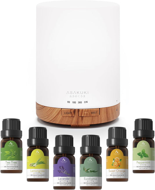 ASAKUKI 300ML Essential Oil Diffuser, Quiet 5-in-1 Premium Aromatherapy Humidifier, Natural Home Fragrance Aroma Vaporizer with 7 LED Color Changing Light and Auto-Off Safety Switch