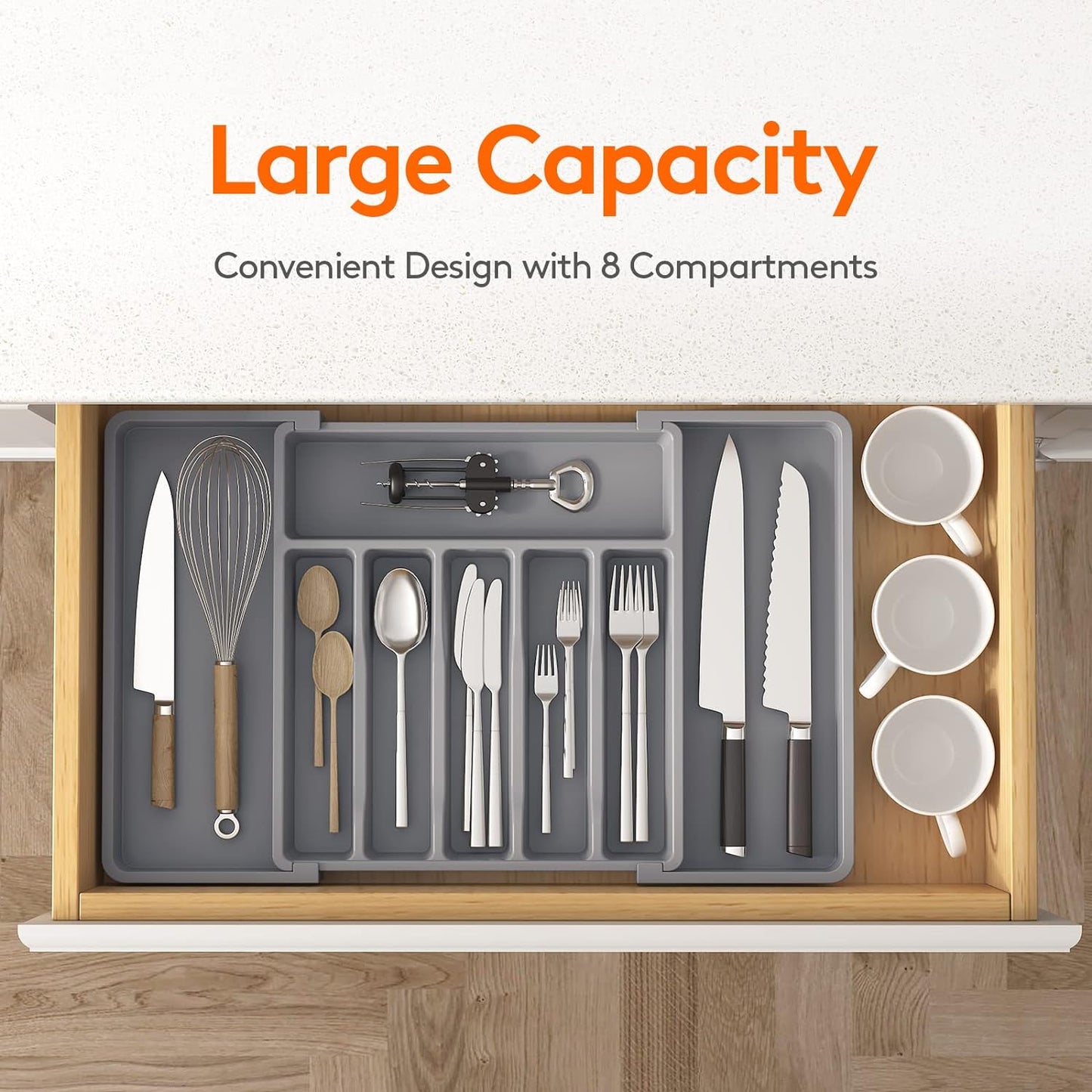 Lifewit Cutlery Drawer Organiser, Expandable Utensil Tray for Kitchen, Adjustable Silverware and Flatware Holder, Compact Plastic Storage for Spoons Forks Knives, Large, Black