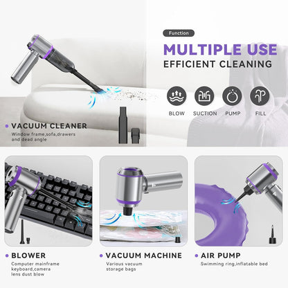Car Vacuum Cleaner Cordless, Handheld Vacuum 22000PA High Power Suction, 4-in-1 Compressed Air Duster & Air Blower & Pump, Portable Vacuum Cleaner with 3 Gears for Home, Pet, Keyboard (Grey)
