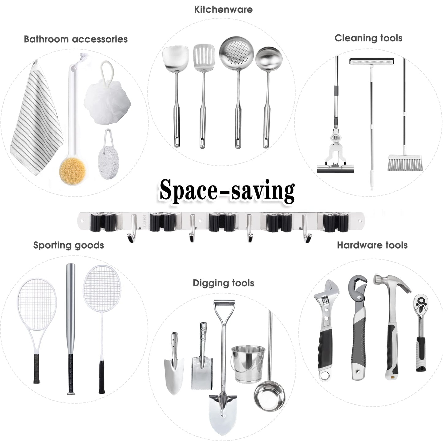 5 Racks and 4 Hooks Mop and Broom Holder Wall Mount, Broom Organizer Storage Tool Racks Stainless Steel Heavy Duty Hooks Self Adhesive Solid Non-slip for Home Kitchen Garden Laundry Garage