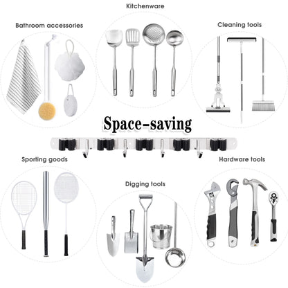 5 Racks and 4 Hooks Mop and Broom Holder Wall Mount, Broom Organizer Storage Tool Racks Stainless Steel Heavy Duty Hooks Self Adhesive Solid Non-slip for Home Kitchen Garden Laundry Garage