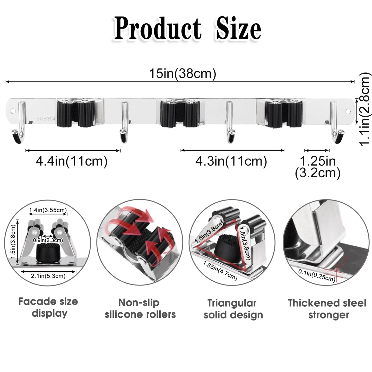 5 Racks and 4 Hooks Mop and Broom Holder Wall Mount, Broom Organizer Storage Tool Racks Stainless Steel Heavy Duty Hooks Self Adhesive Solid Non-slip for Home Kitchen Garden Laundry Garage